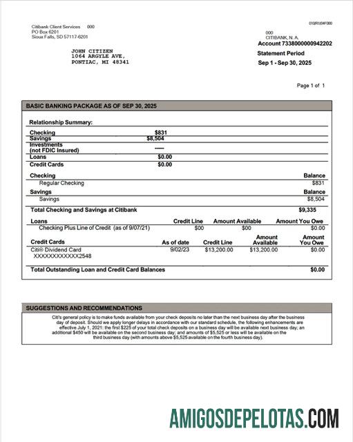 Extrato de conta do Citibank nos EUA para impressão, modelo Word e PDF, versão 2